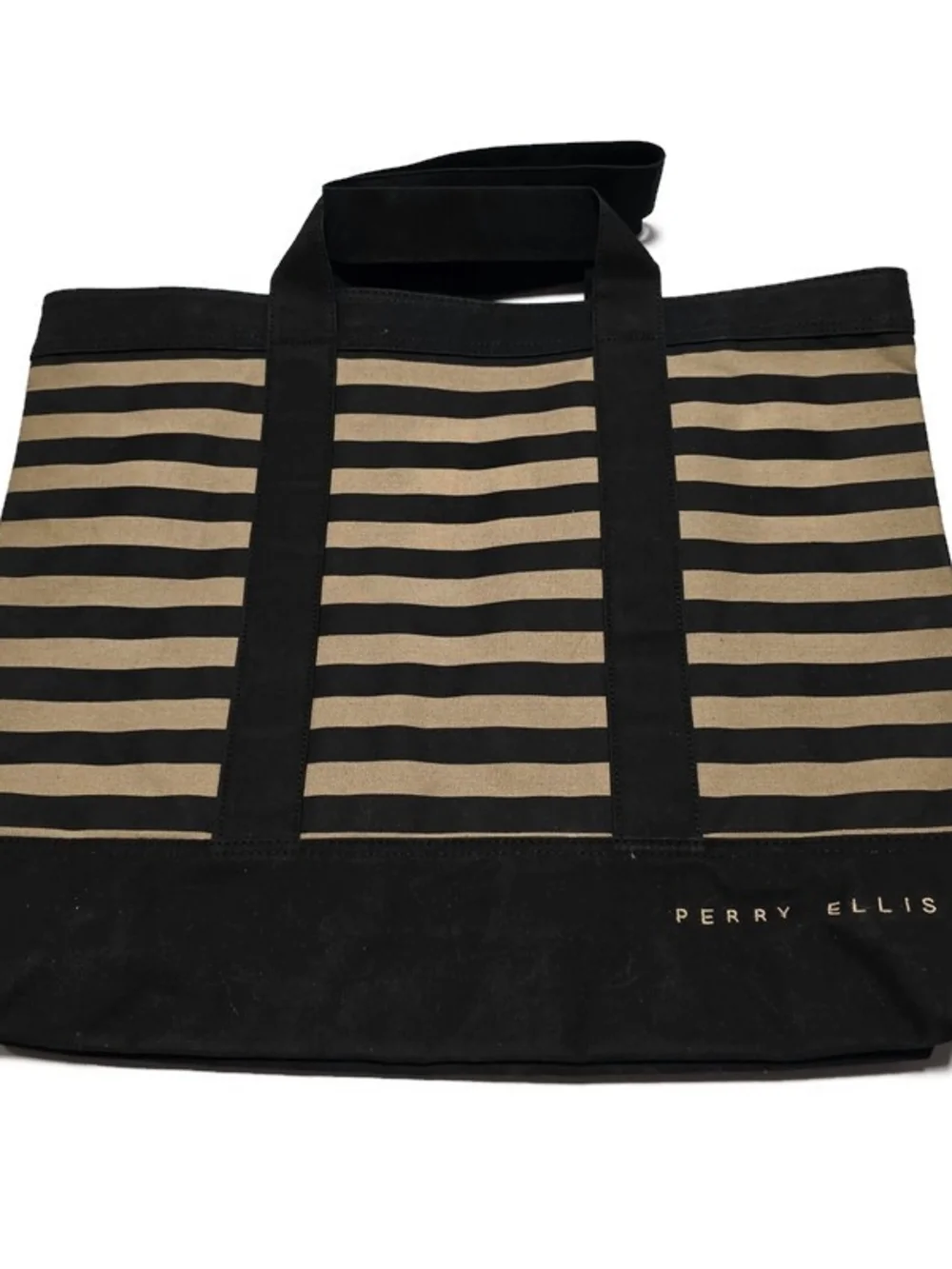Perry Ellis Black & Tan Striped Canvas Tote Bag